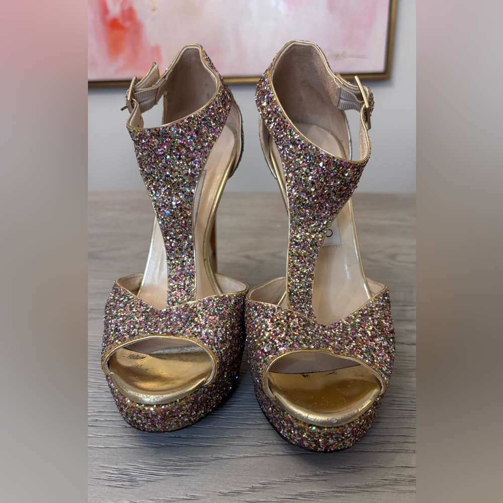 Jimmy Choo Glitter Glitter Accents T-Strap Platforms Size 38 - Picture 5 of 11